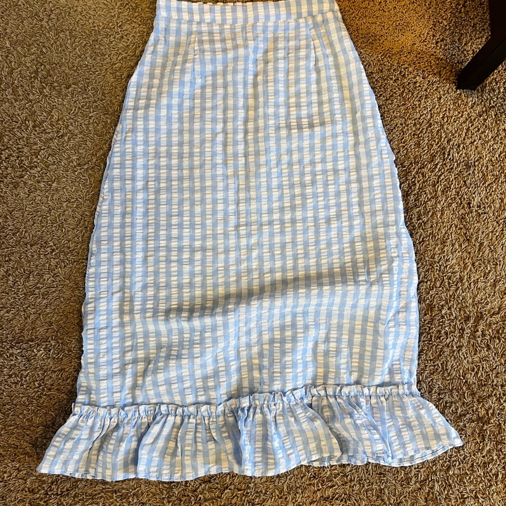 Blue and White Ruffled Midi Pencil Skirt